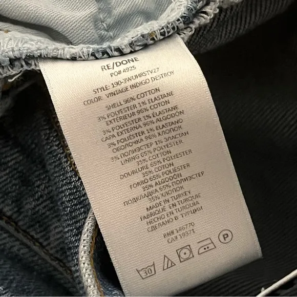 Re/done High Rise Stove Pipe Jeans Vintage Indigo Destroy Blue Jeans 25