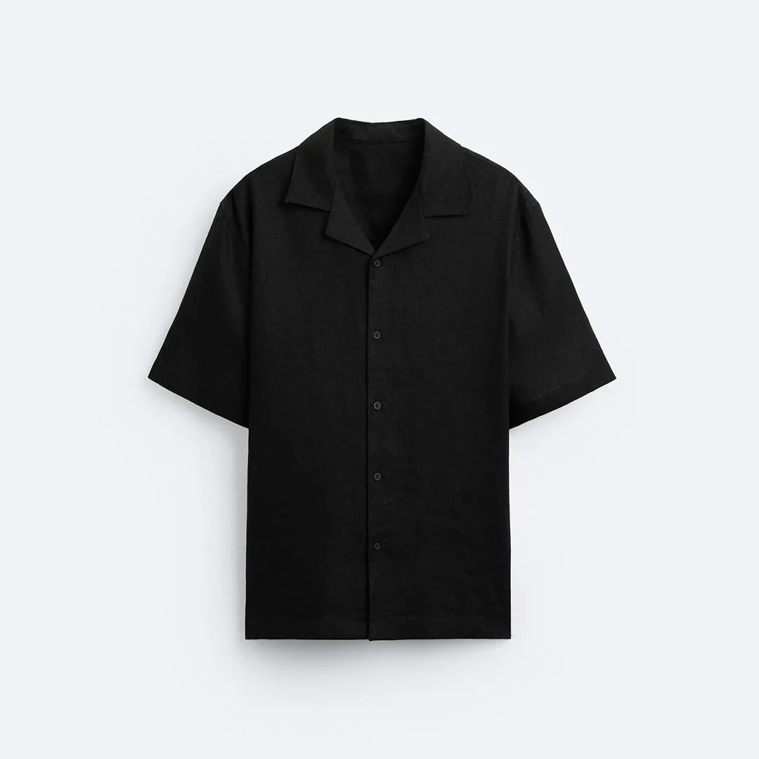 RELAXED FIT BOWLING LINEN SHIRT - BLACK