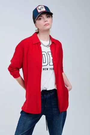 relaxed fit Red Shirt 3/4 Sleeves and High Low Hem