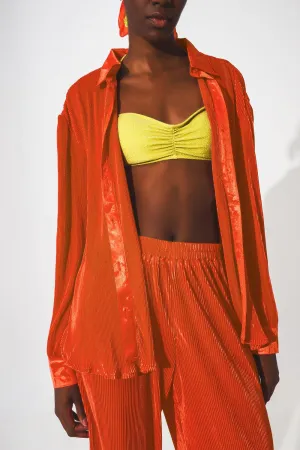 Relaxed pleated satin shirt in orange