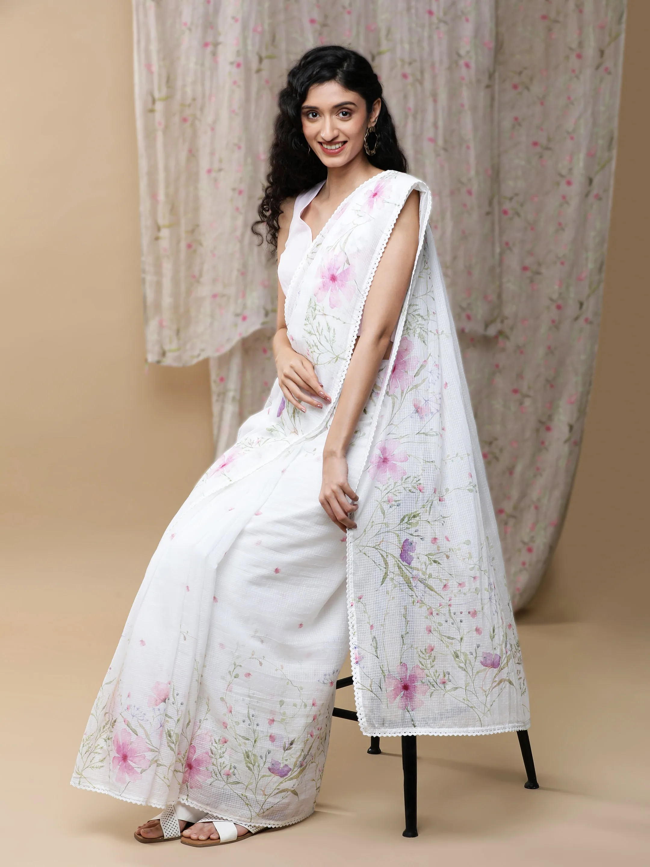 Roop Kota Pink On White Saree