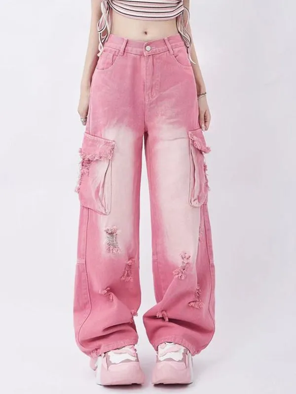 Rosa Y2K Multi Taschen Ripped Cargo Jeans mit Verblasstem Effekt