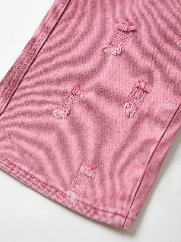 Rosa Y2K Multi Taschen Ripped Cargo Jeans mit Verblasstem Effekt