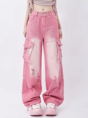 Rosa Y2K Multi Taschen Ripped Cargo Jeans mit Verblasstem Effekt