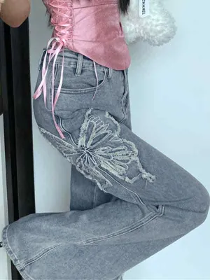 Schlaghose mit Schmetterlingsstickerei