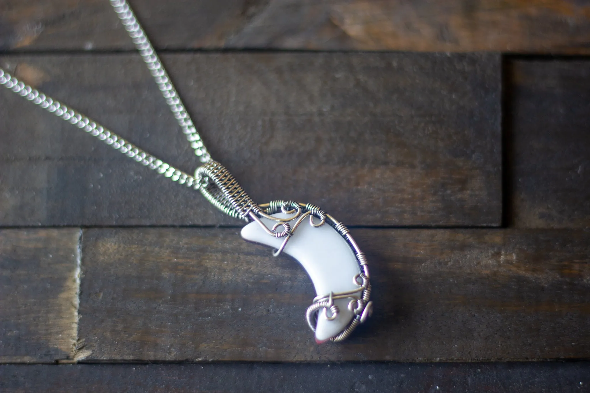 Shades of Blue Fused Glass Crescent Moon Pendant with Sterling Silver Wire Wrapping