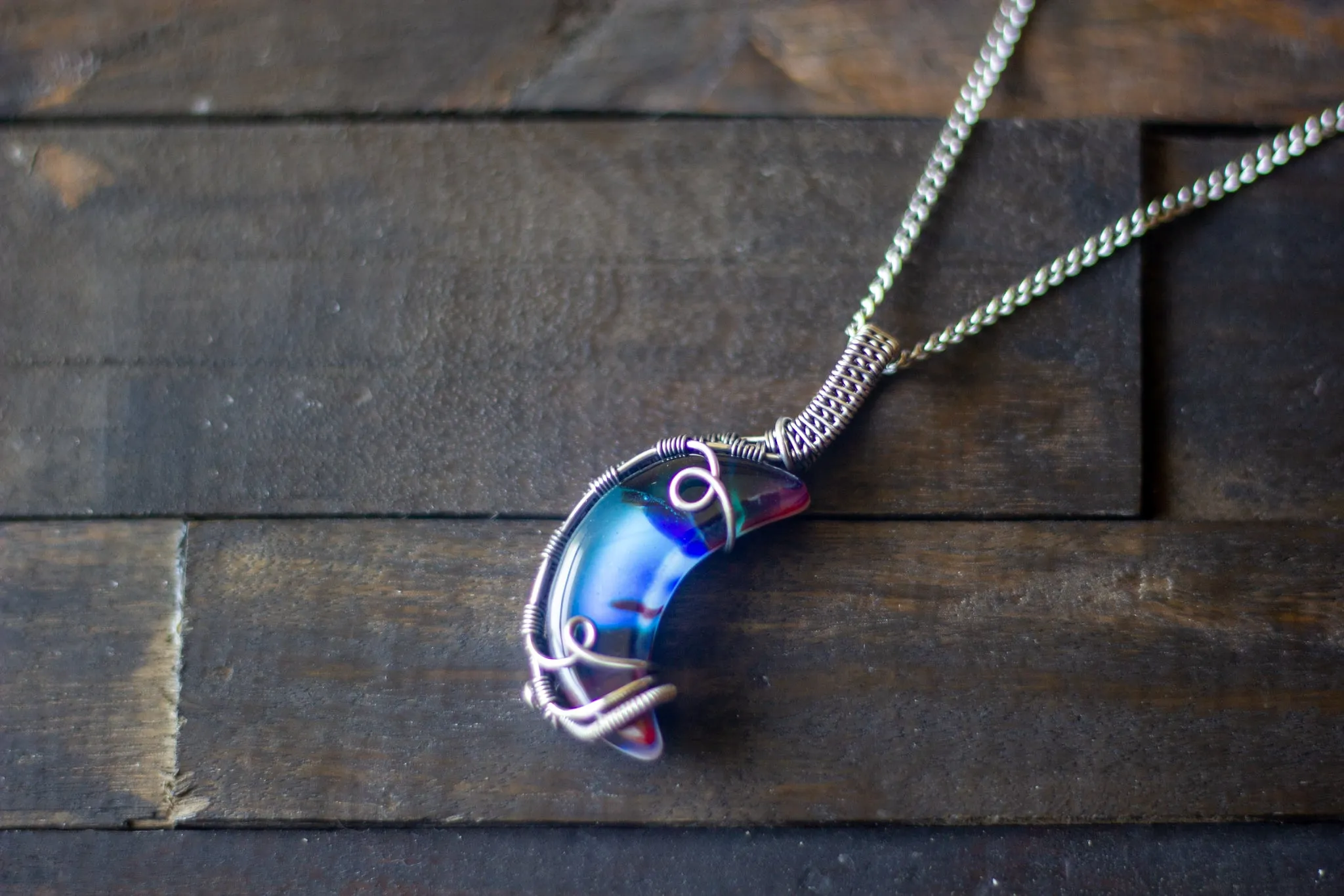 Shades of Blue Fused Glass Crescent Moon Pendant with Sterling Silver Wire Wrapping