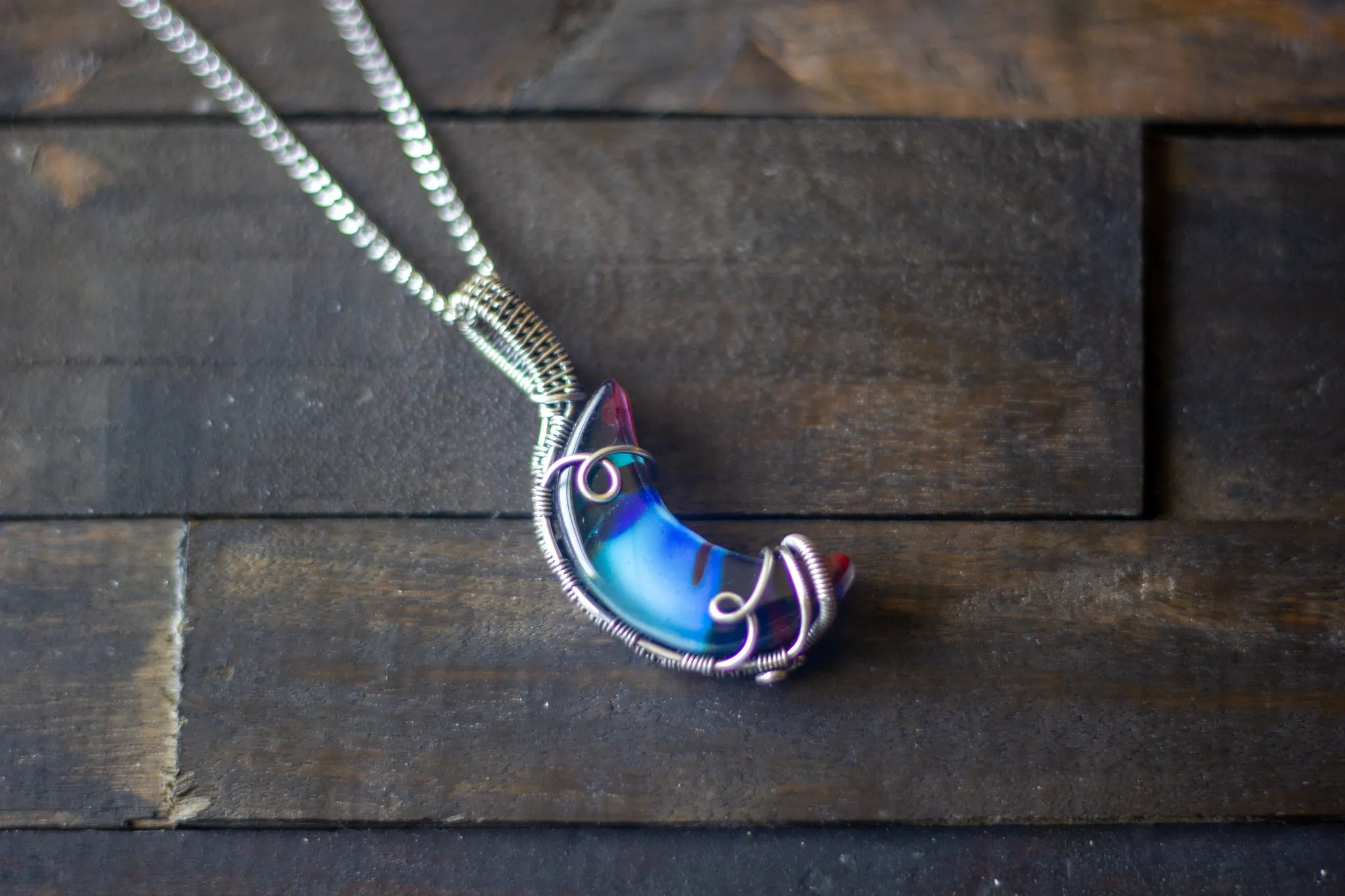 Shades of Blue Fused Glass Crescent Moon Pendant with Sterling Silver Wire Wrapping