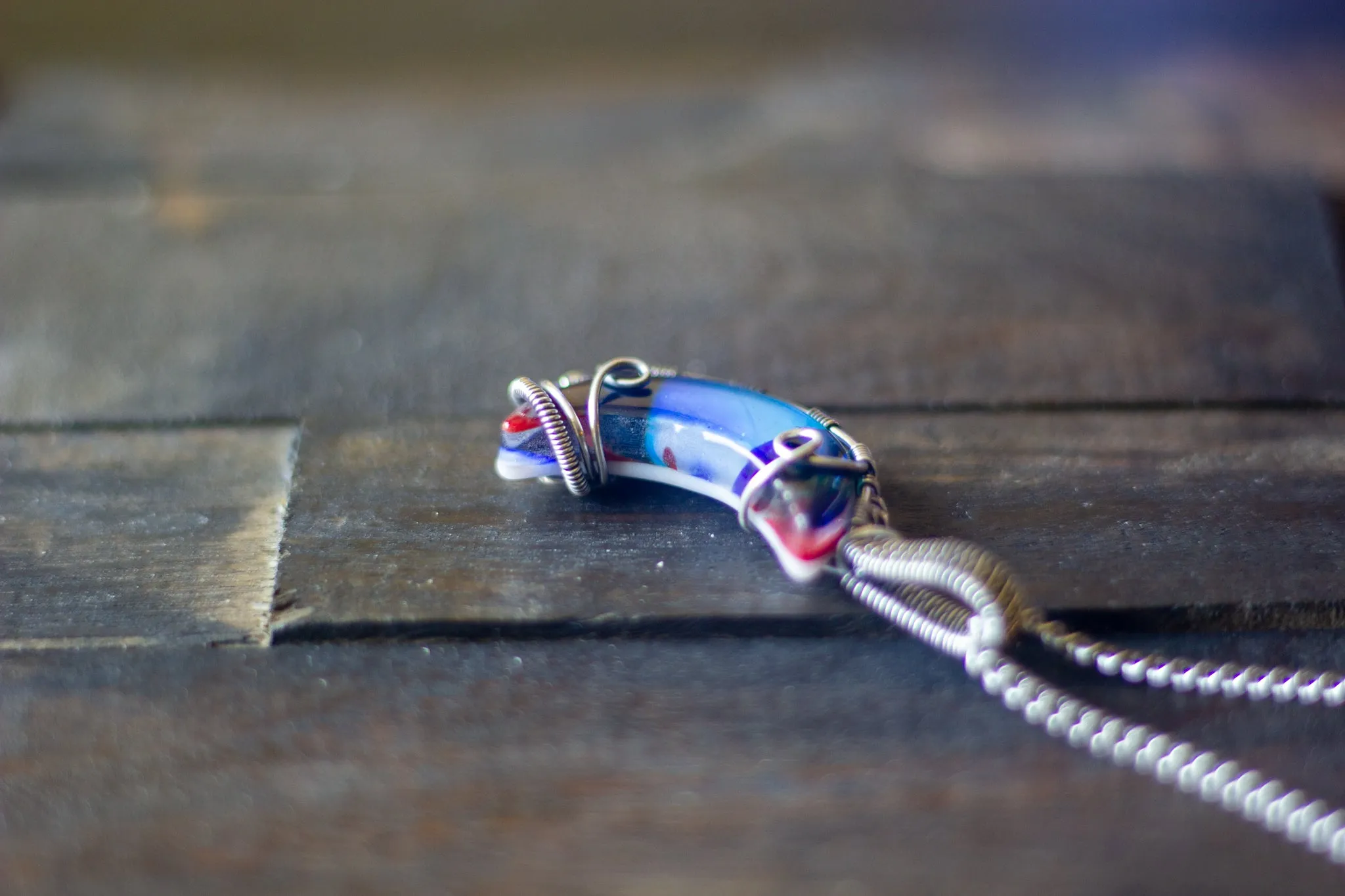 Shades of Blue Fused Glass Crescent Moon Pendant with Sterling Silver Wire Wrapping