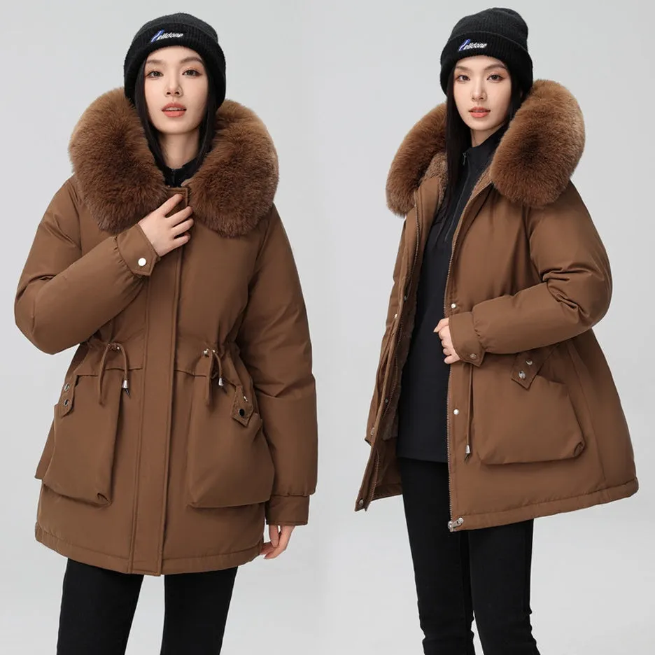 Solid Full Zip Parka with Bellows Pocket and Adjustable Drawstring Waist