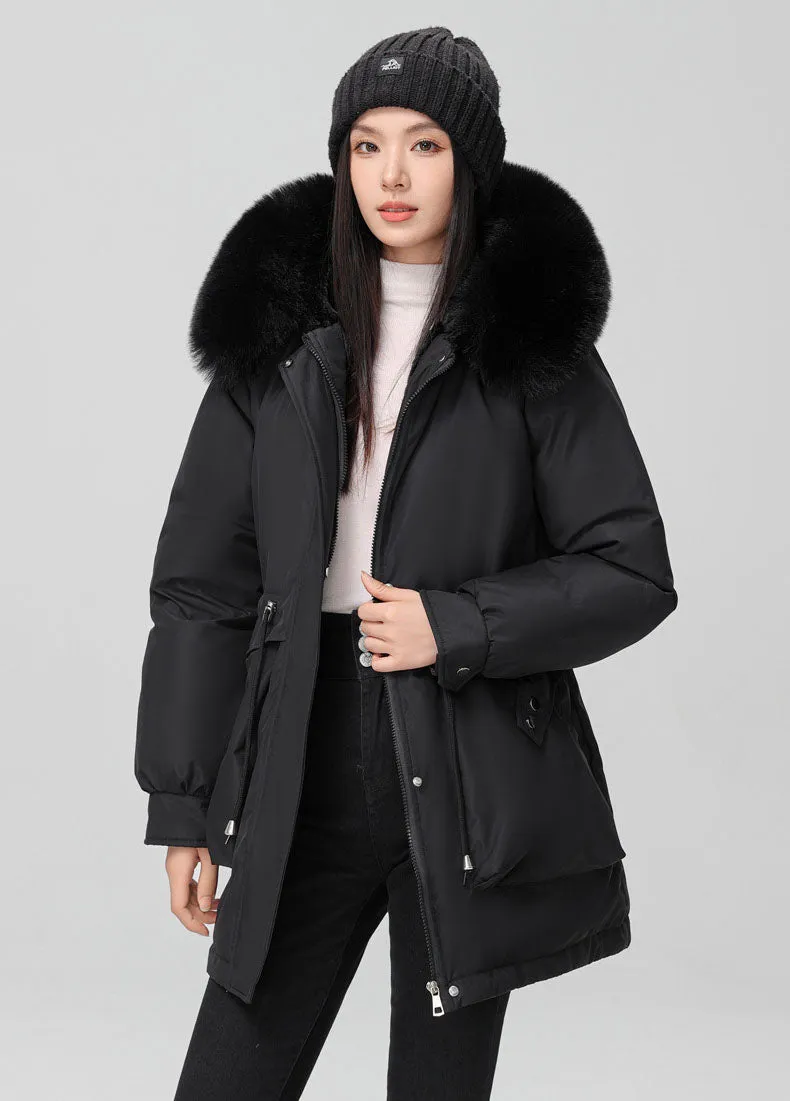 Solid Full Zip Parka with Bellows Pocket and Adjustable Drawstring Waist
