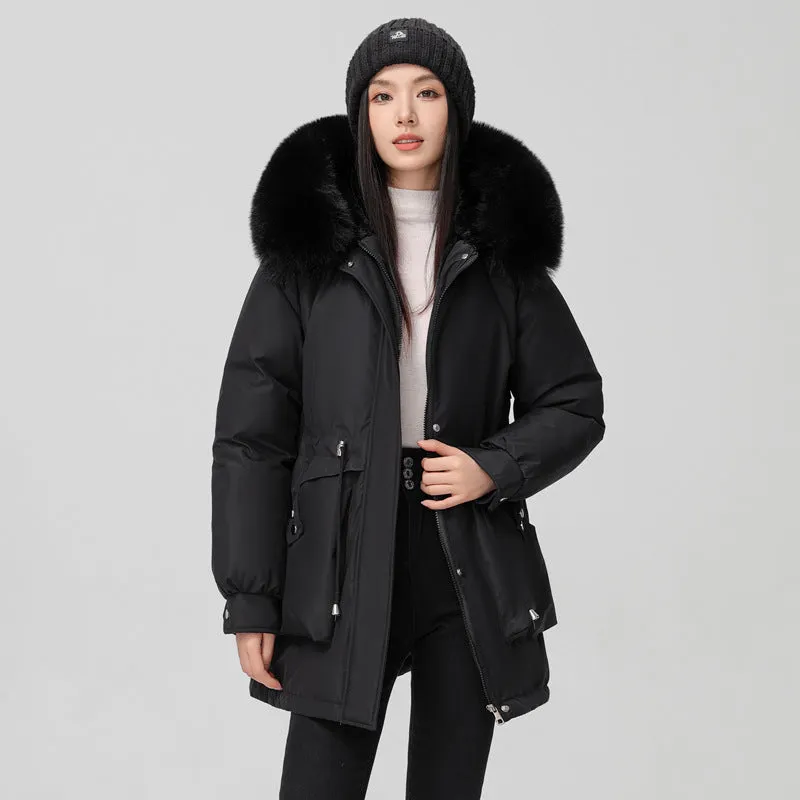 Solid Full Zip Parka with Bellows Pocket and Adjustable Drawstring Waist