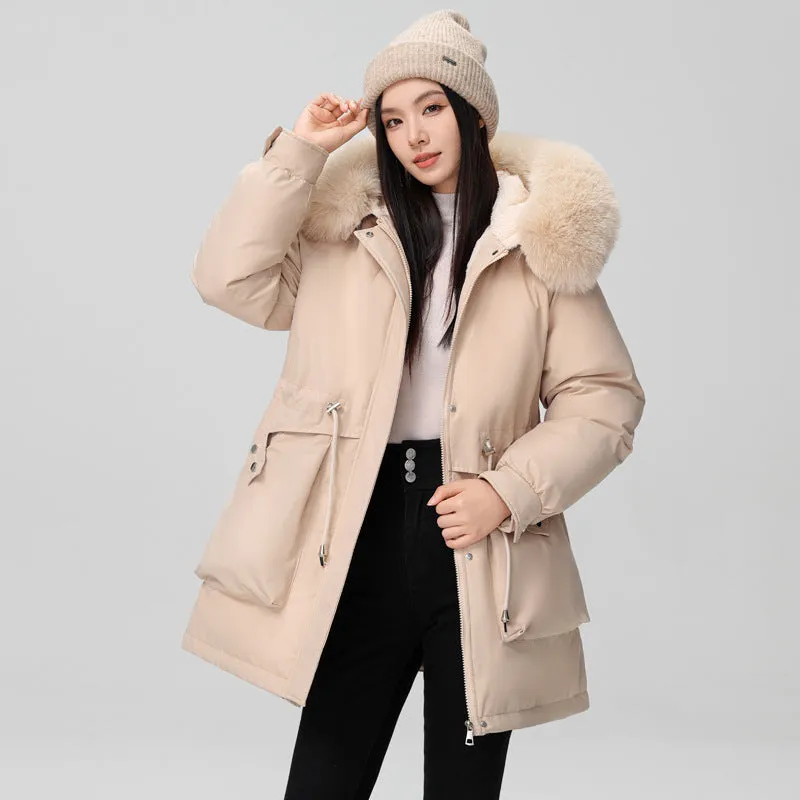 Solid Full Zip Parka with Bellows Pocket and Adjustable Drawstring Waist