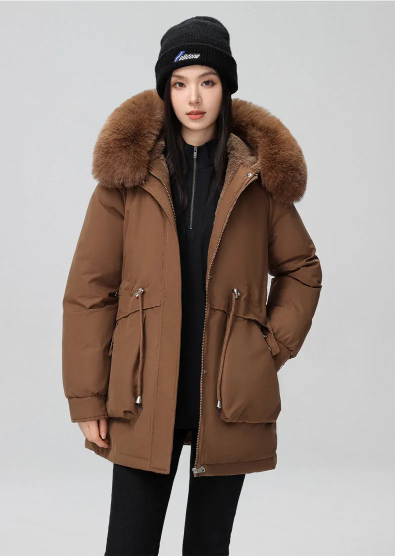 Solid Full Zip Parka with Bellows Pocket and Adjustable Drawstring Waist