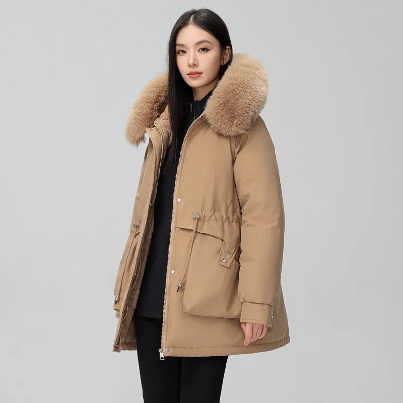 Solid Full Zip Parka with Bellows Pocket and Adjustable Drawstring Waist