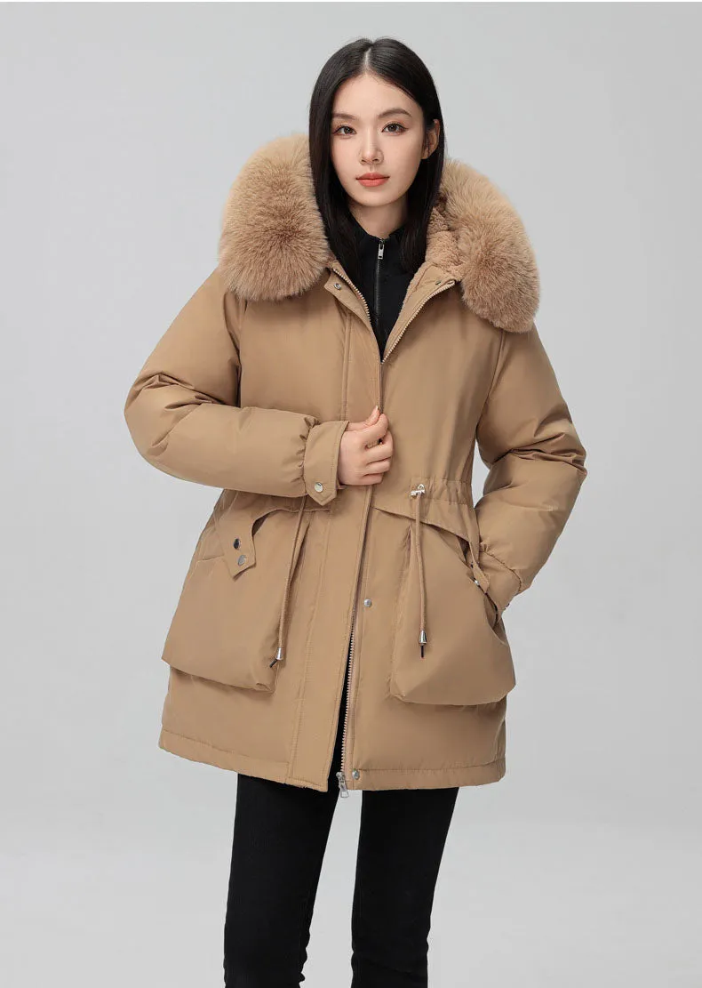 Solid Full Zip Parka with Bellows Pocket and Adjustable Drawstring Waist