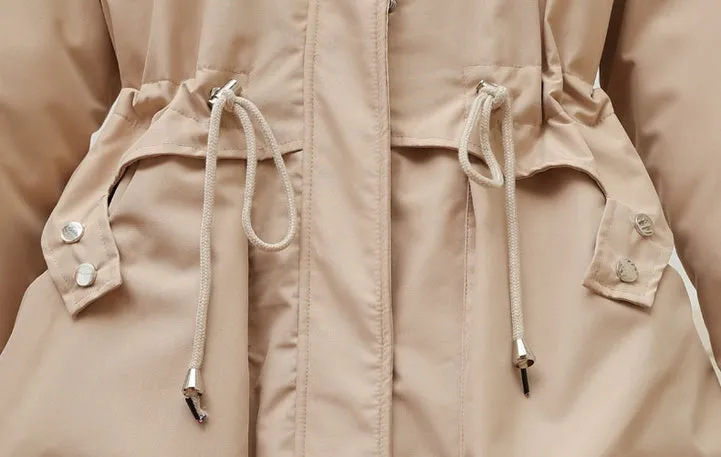 Solid Full Zip Parka with Bellows Pocket and Adjustable Drawstring Waist
