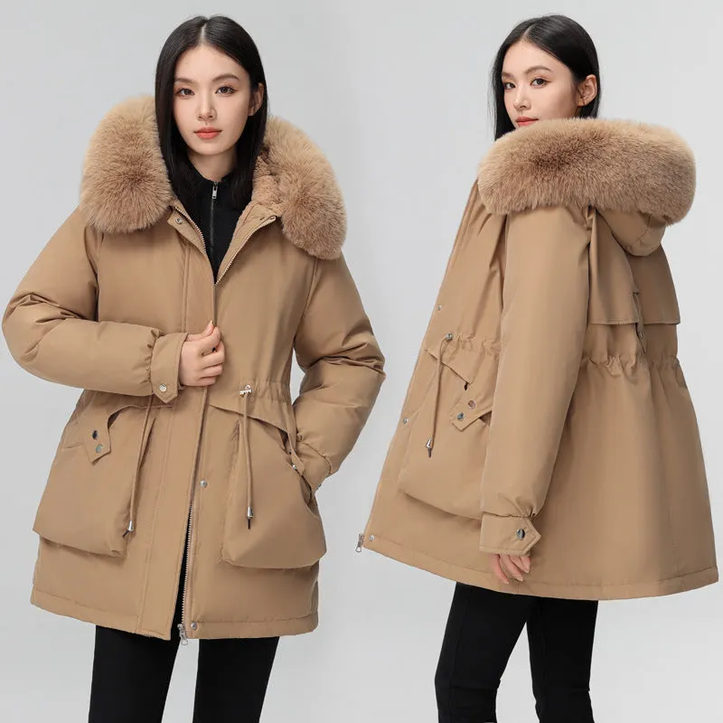 Solid Full Zip Parka with Bellows Pocket and Adjustable Drawstring Waist