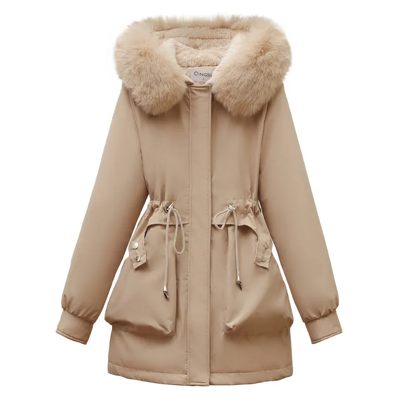 Solid Full Zip Parka with Bellows Pocket and Adjustable Drawstring Waist