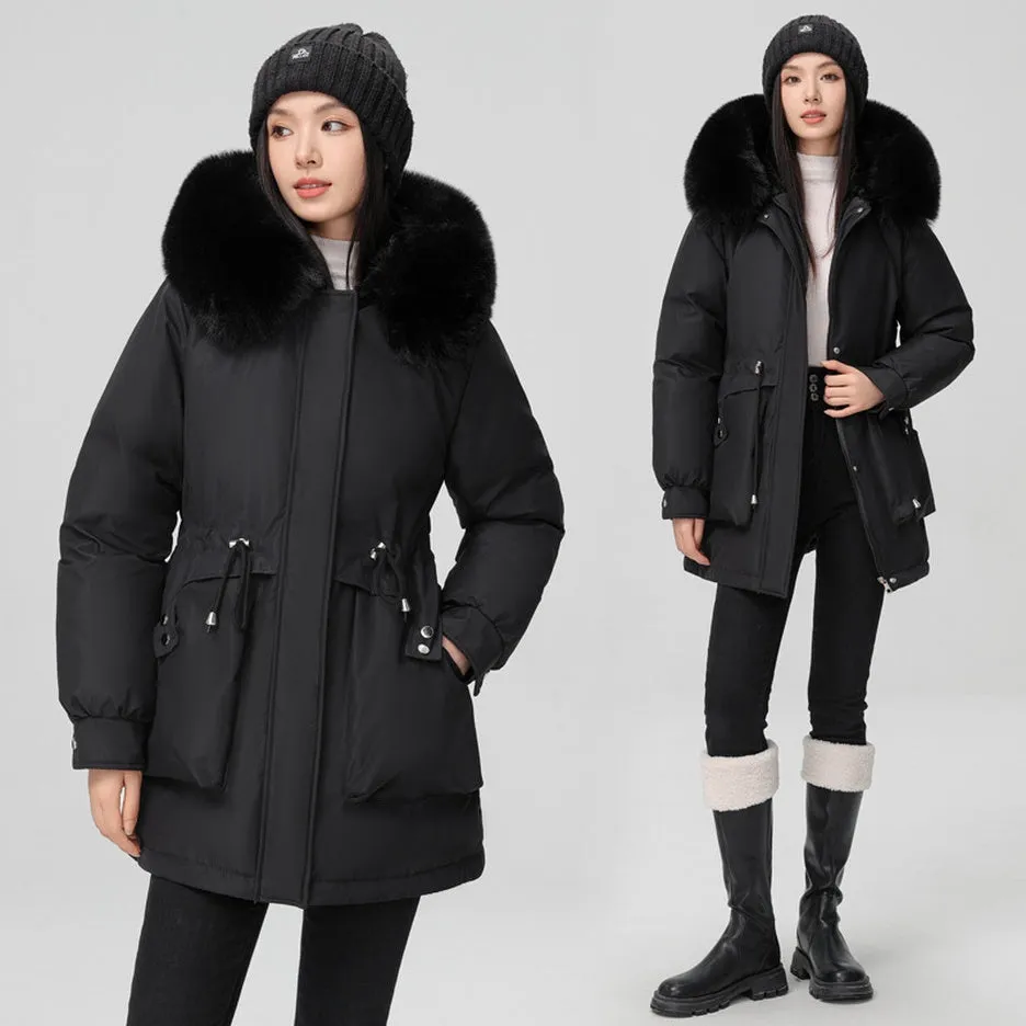 Solid Full Zip Parka with Bellows Pocket and Adjustable Drawstring Waist