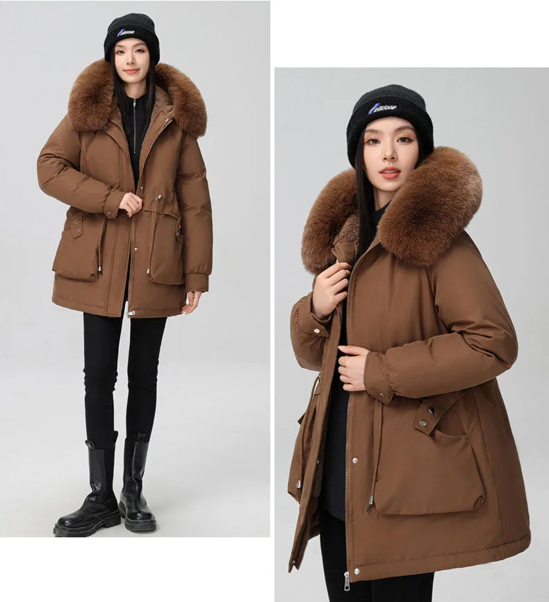 Solid Full Zip Parka with Bellows Pocket and Adjustable Drawstring Waist