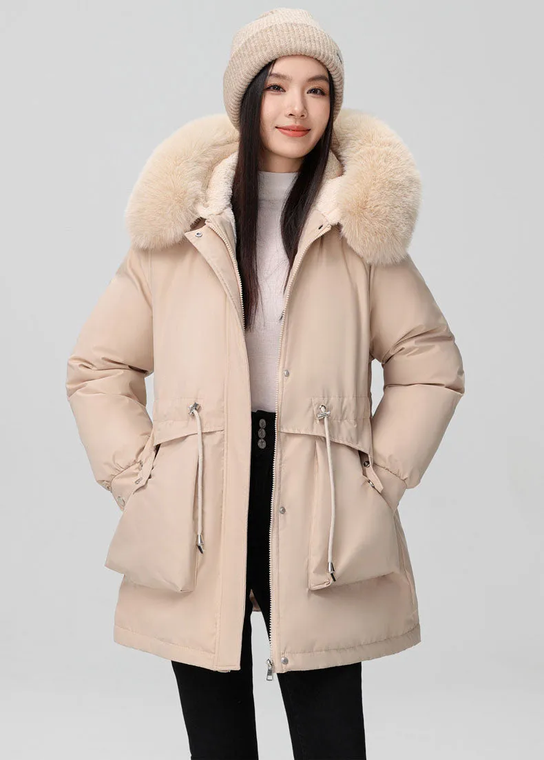 Solid Full Zip Parka with Bellows Pocket and Adjustable Drawstring Waist