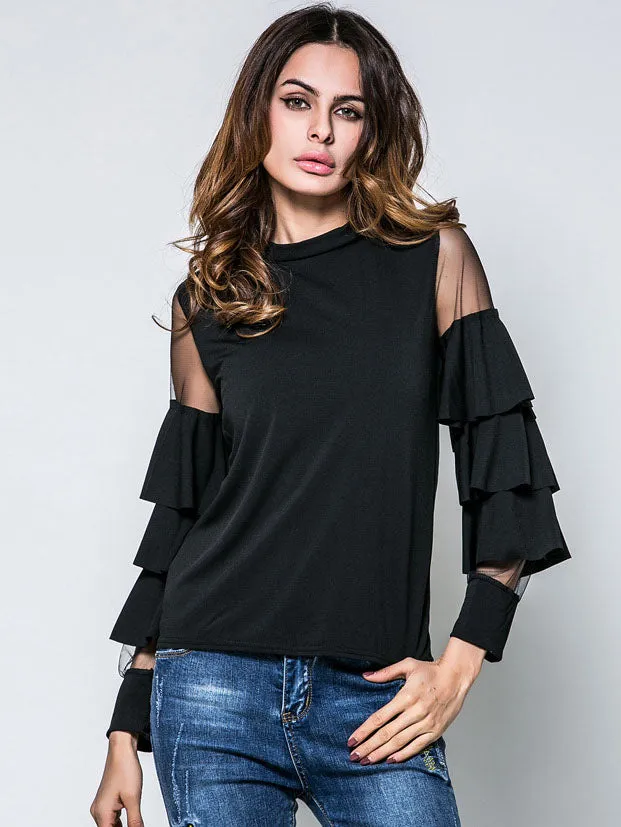 Spring New Women's Small Stand Collar Mesh Stitching Trumpet Sleeve T-shirt