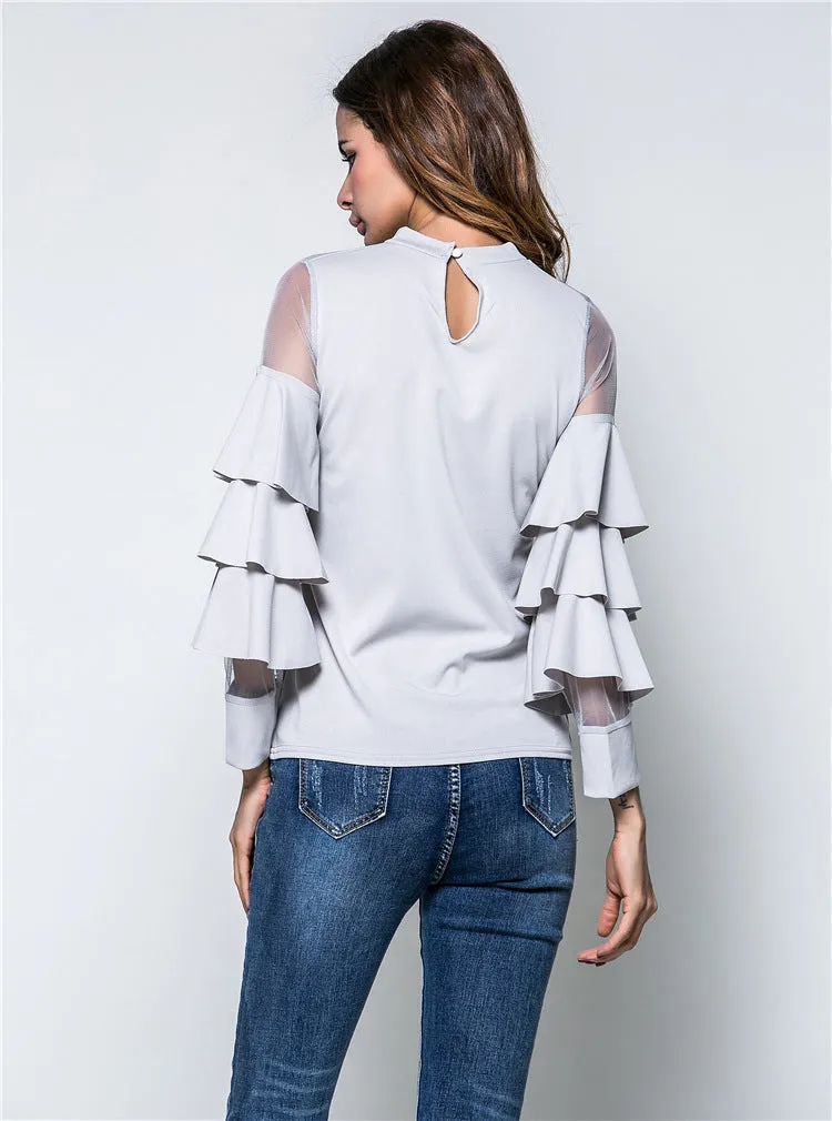Spring New Women's Small Stand Collar Mesh Stitching Trumpet Sleeve T-shirt