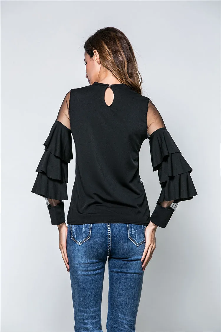Spring New Women's Small Stand Collar Mesh Stitching Trumpet Sleeve T-shirt