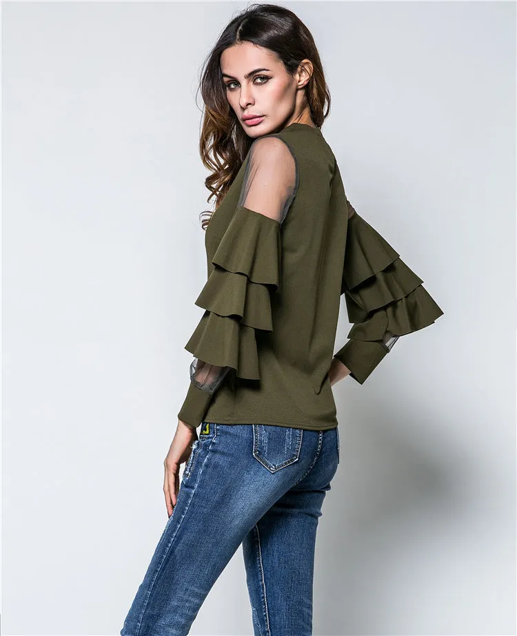 Spring New Women's Small Stand Collar Mesh Stitching Trumpet Sleeve T-shirt