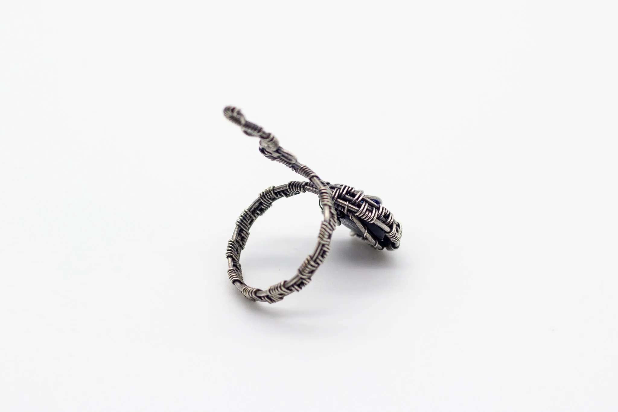 Sterling Silver Adjustable Ring with Dichroic Blue Fused Glass Accent