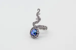 Sterling Silver Adjustable Ring with Dichroic Blue Fused Glass Accent