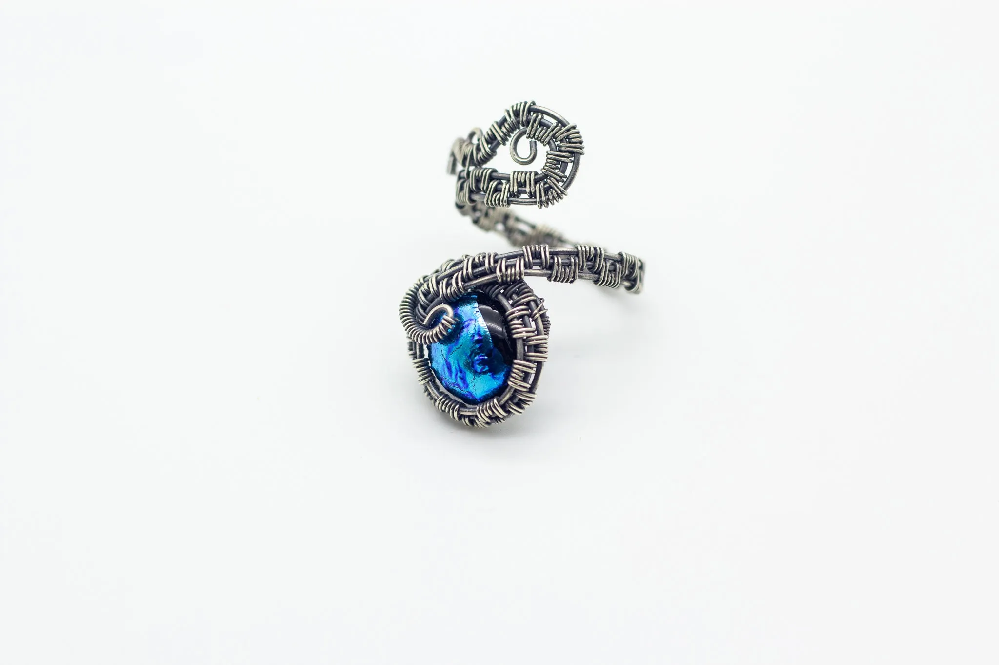 Sterling Silver Adjustable Ring with Dichroic Blue Fused Glass Accent