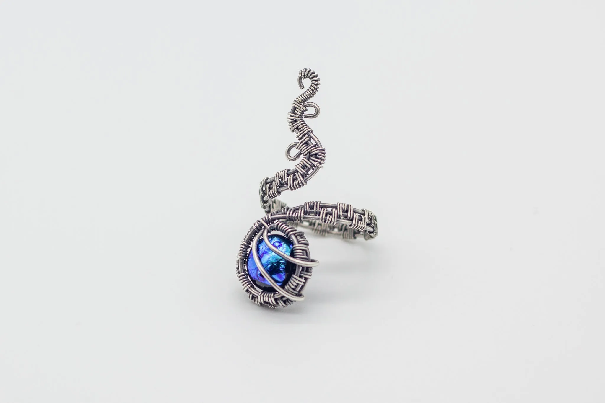Sterling Silver Adjustable Ring with Dichroic Blue Fused Glass Accent