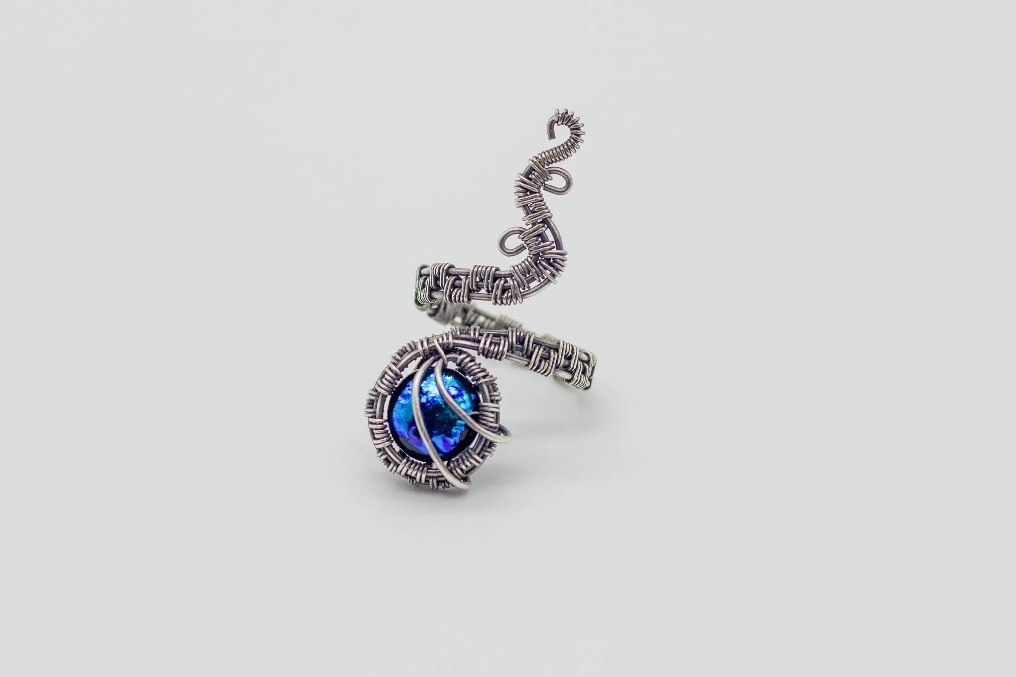 Sterling Silver Adjustable Ring with Dichroic Blue Fused Glass Accent