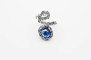Sterling Silver Adjustable Ring with Dichroic Blue Fused Glass Accent