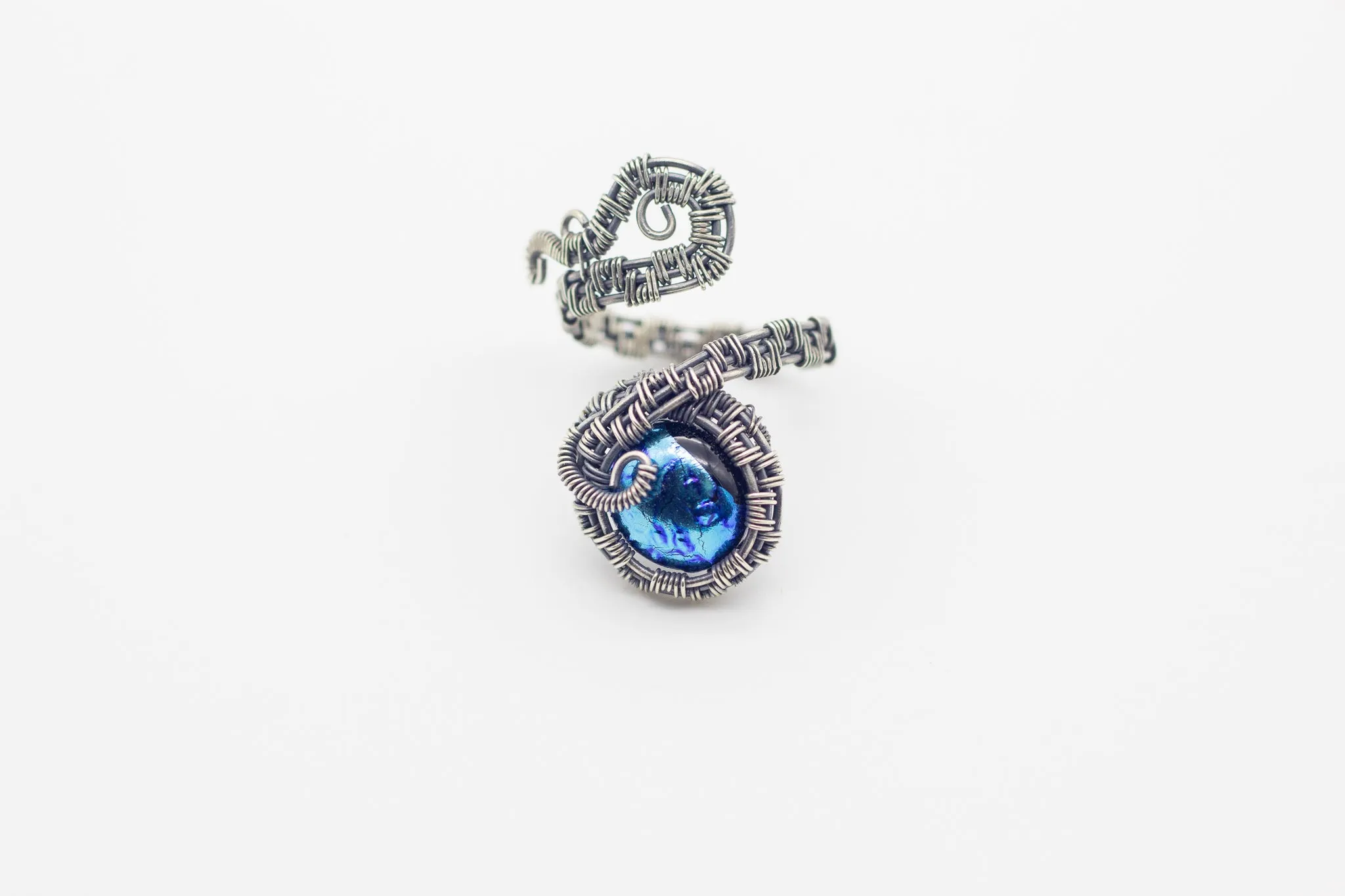Sterling Silver Adjustable Ring with Dichroic Blue Fused Glass Accent