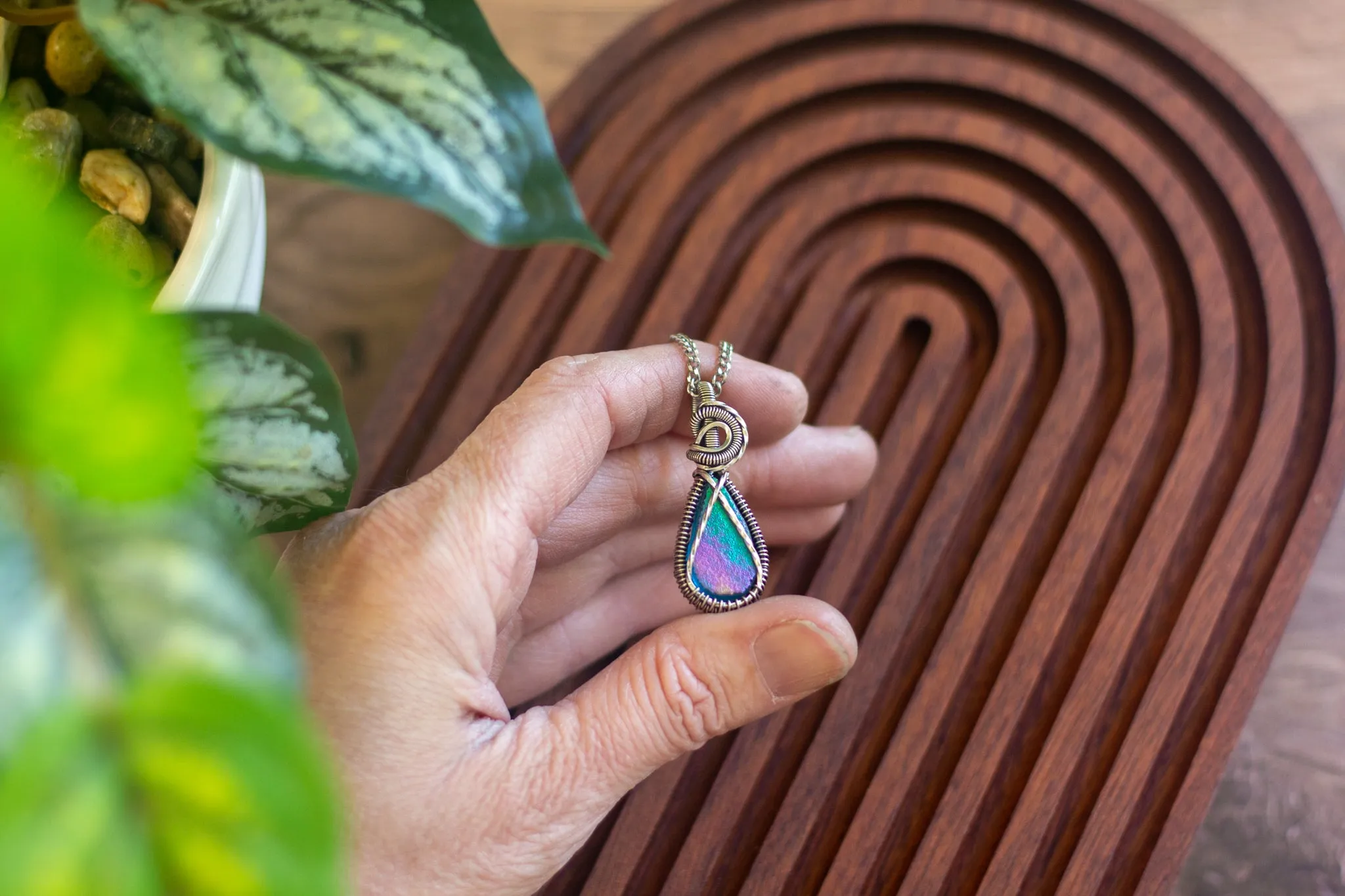 Sterling Silver Teardrop Pendant with Iridescent Fused Glass
