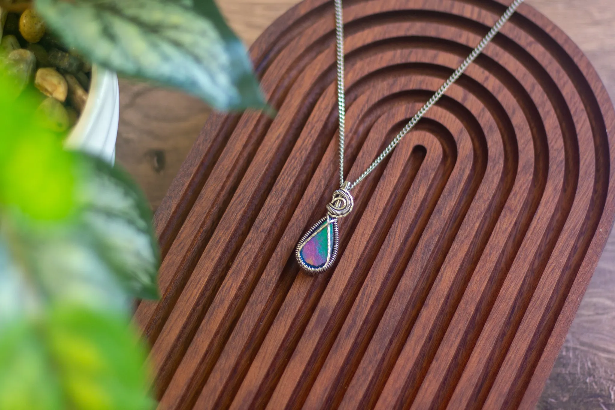 Sterling Silver Teardrop Pendant with Iridescent Fused Glass