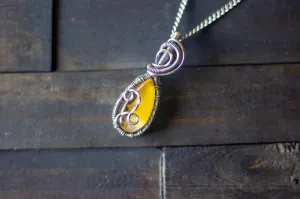 Sterling Silver Teardrop Pendant with Iridescent Yellow Fused Glass