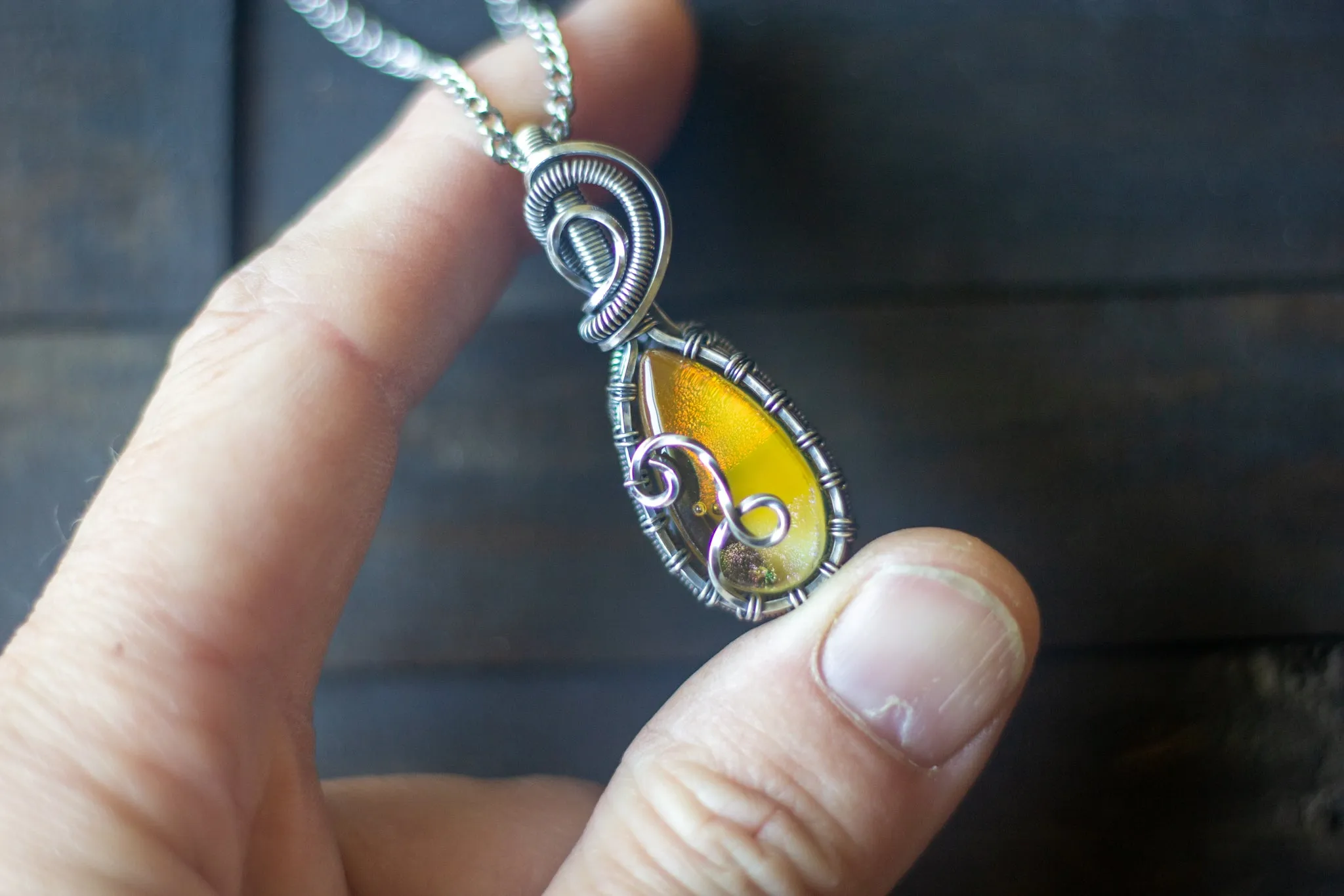 Sterling Silver Teardrop Pendant with Iridescent Yellow Fused Glass