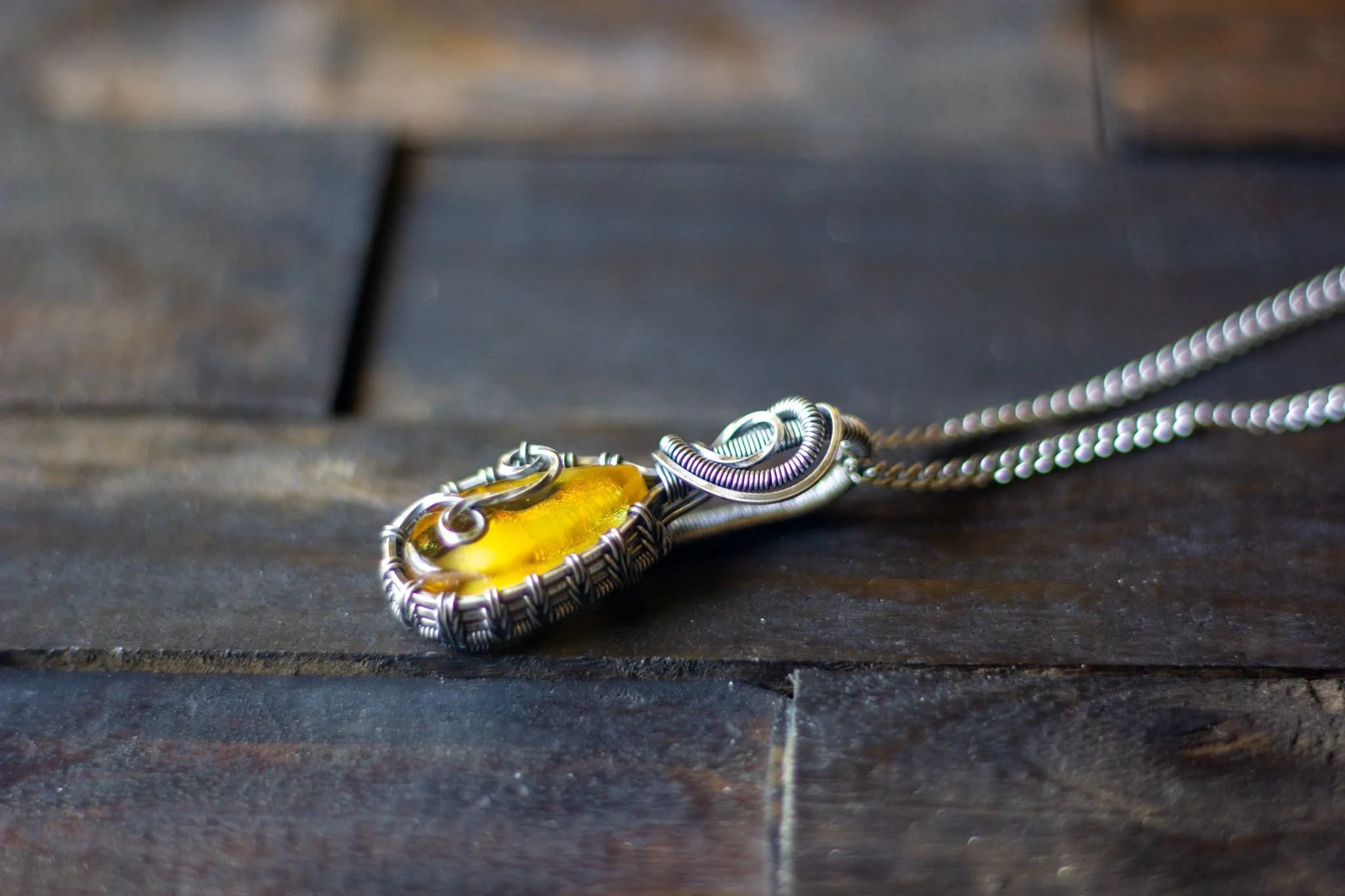 Sterling Silver Teardrop Pendant with Iridescent Yellow Fused Glass