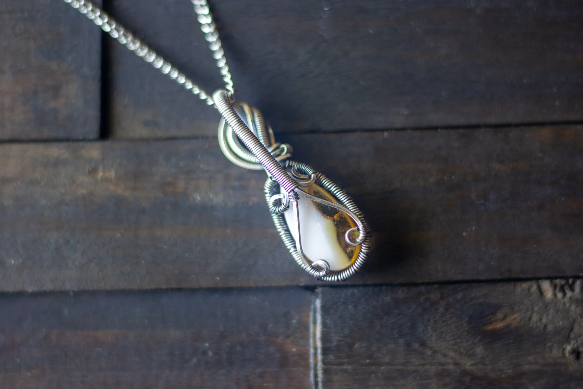 Sterling Silver Teardrop Pendant with Iridescent Yellow Fused Glass