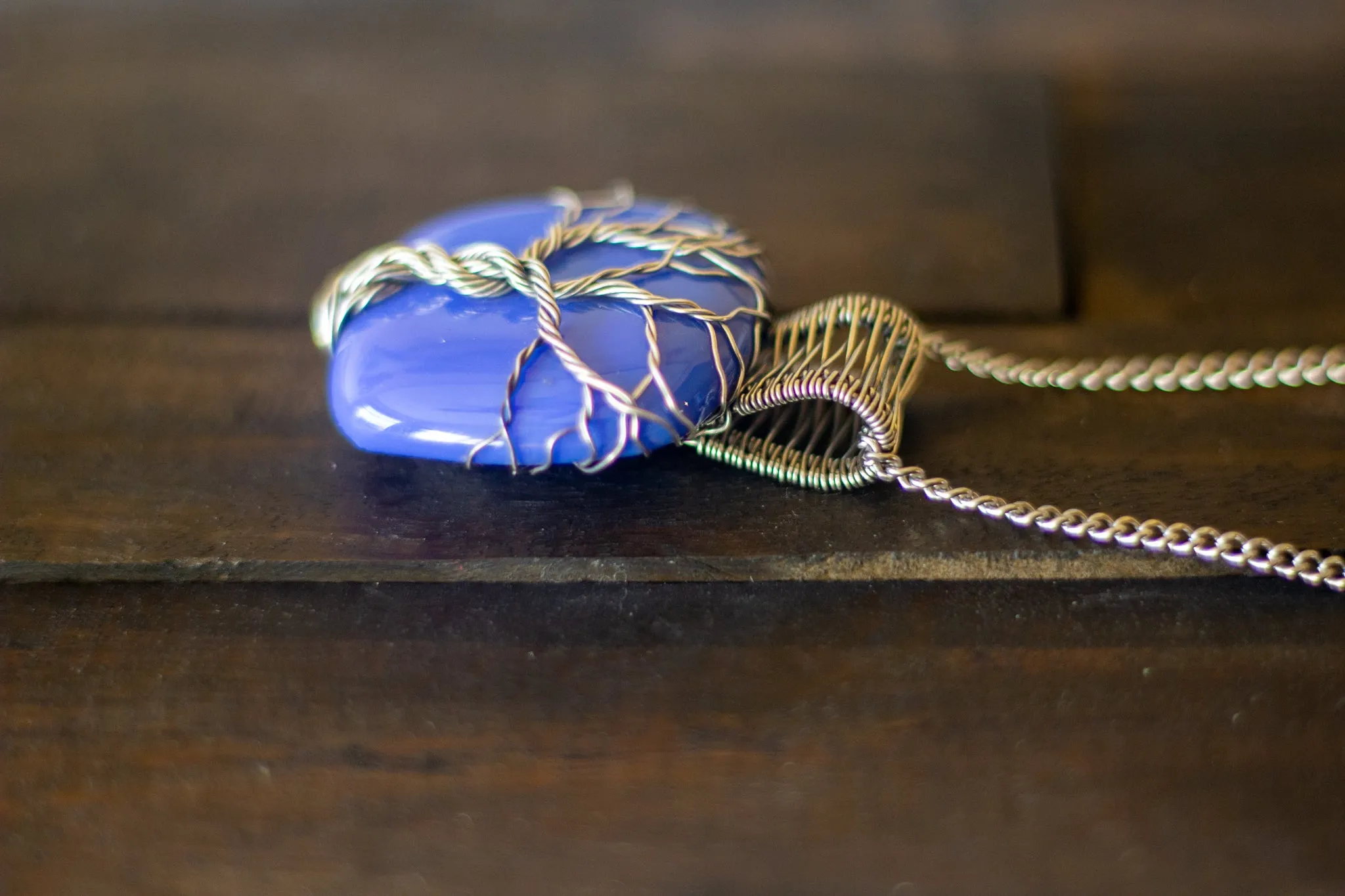 Sterling Silver Tree of Life Pendant with Blue Fused Glass
