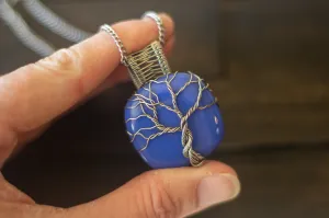 Sterling Silver Tree of Life Pendant with Blue Fused Glass