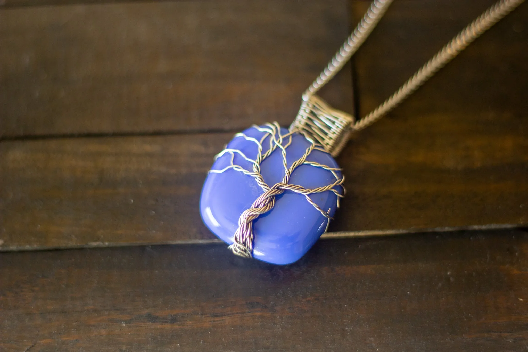 Sterling Silver Tree of Life Pendant with Blue Fused Glass