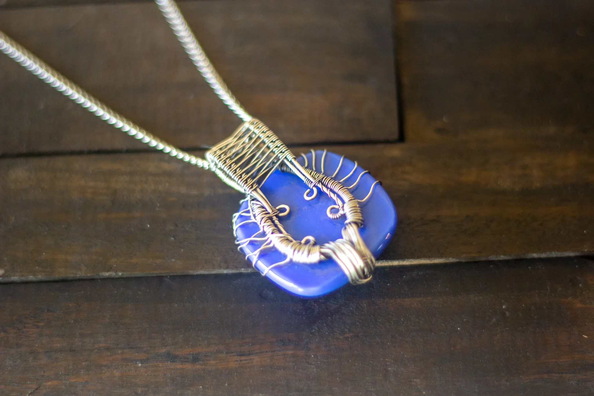 Sterling Silver Tree of Life Pendant with Blue Fused Glass
