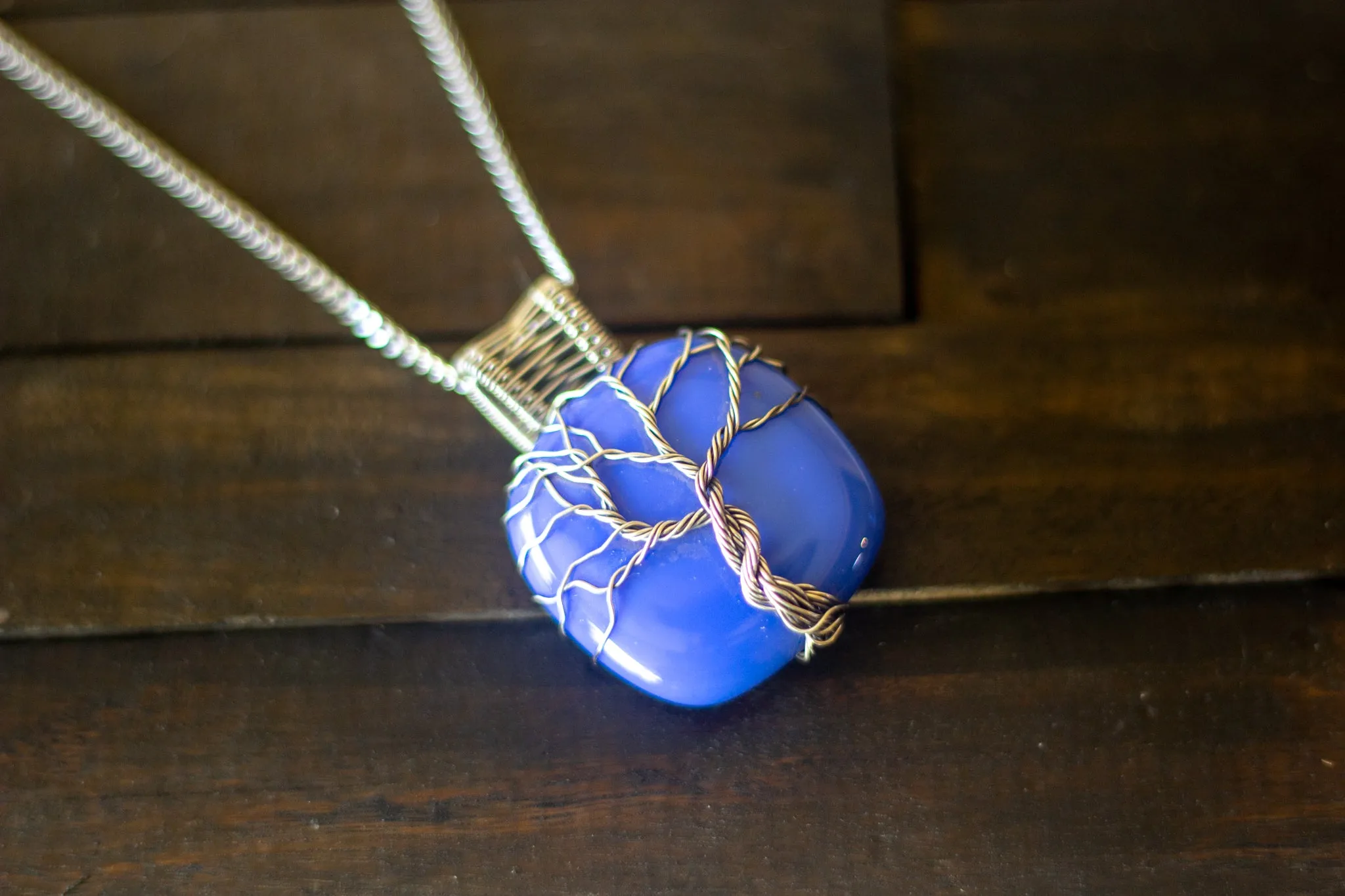 Sterling Silver Tree of Life Pendant with Blue Fused Glass