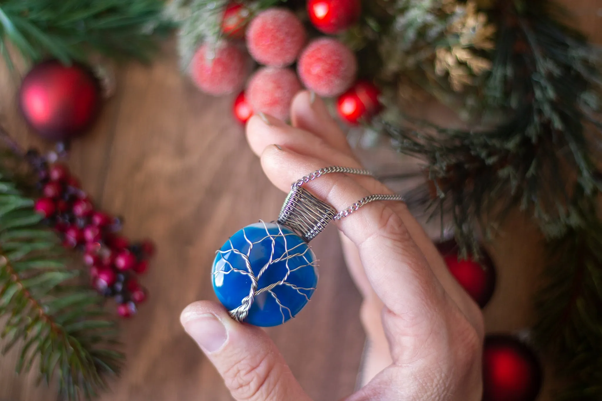 Sterling Silver Tree of Life Pendant with Bold Blue Fused Glass