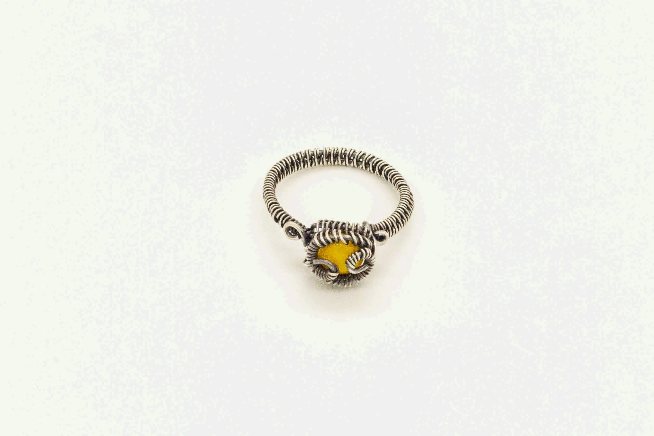 Sterling Silver Wire Wrapped Ring with Bright Yellow Fused Glass Accent